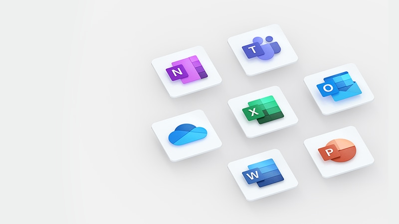 Microsoft Word, PowerPoint, Excel, OneNote, Outlook and OneDrive logos on grey background.