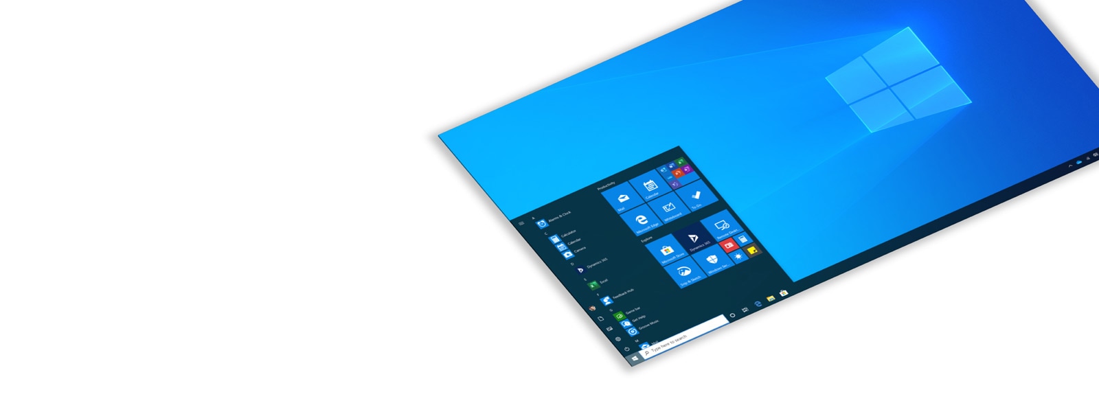 Gewinkelter Screenshot vom Windows 10 Pro Hintergrund und Startmenü