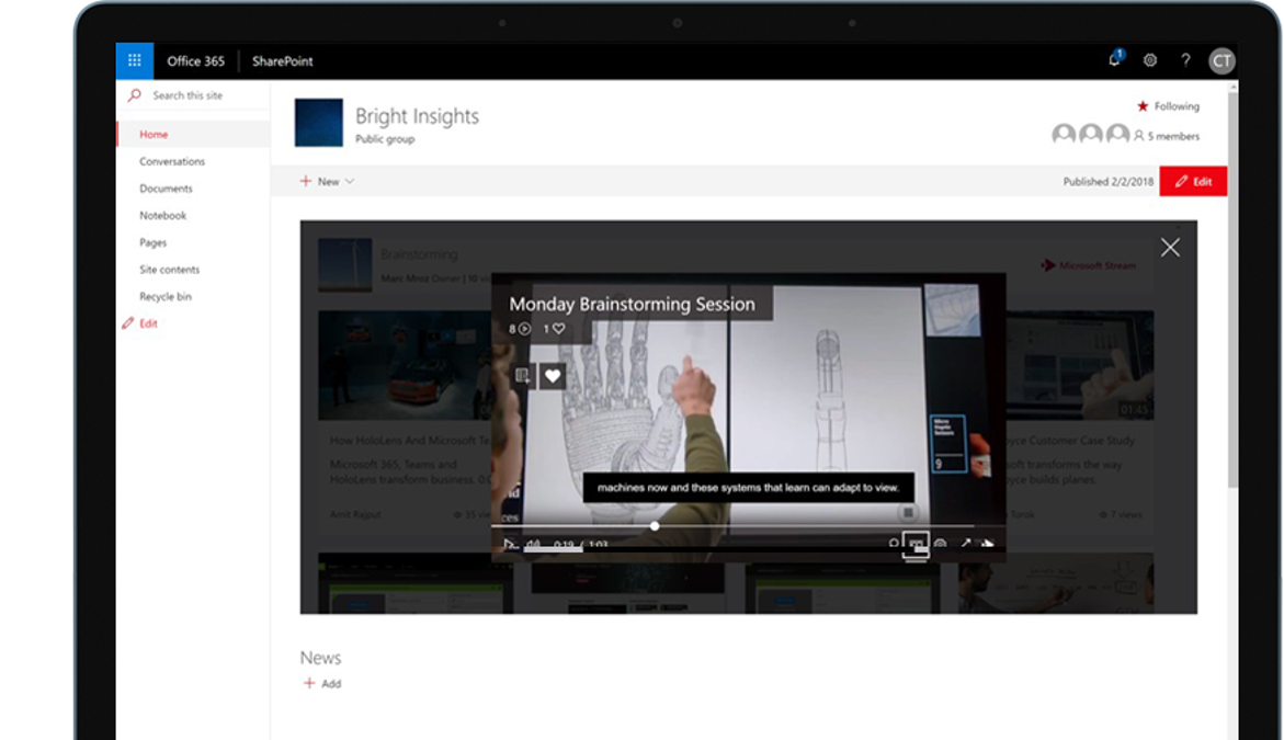 Device with SharePoint running in Microsoft 365 and a training video playing