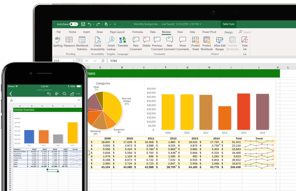A phone screen and a tablet screen showing a file open in Excel