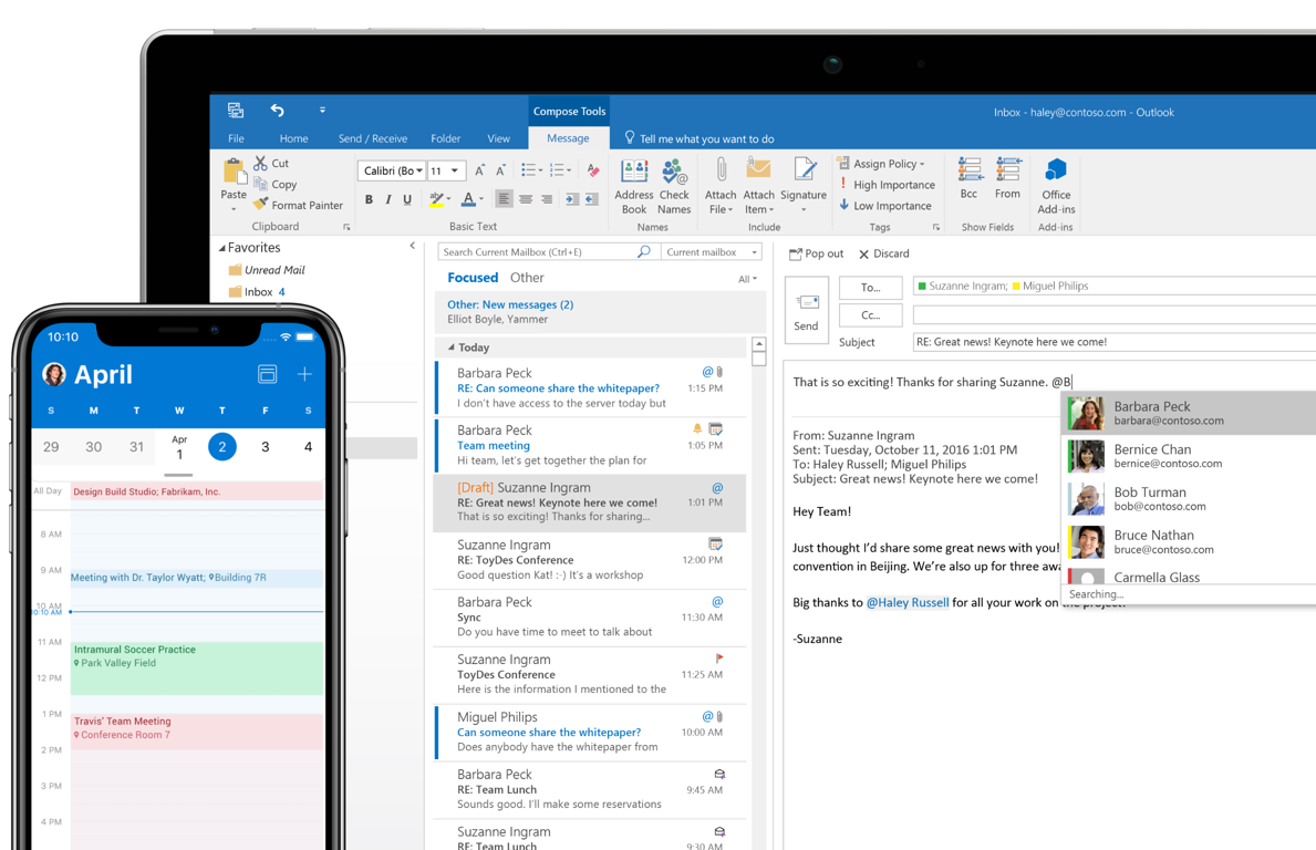 A phone screen showing the calendar in Outlook and a tablet screen showing the inbox in Outlook