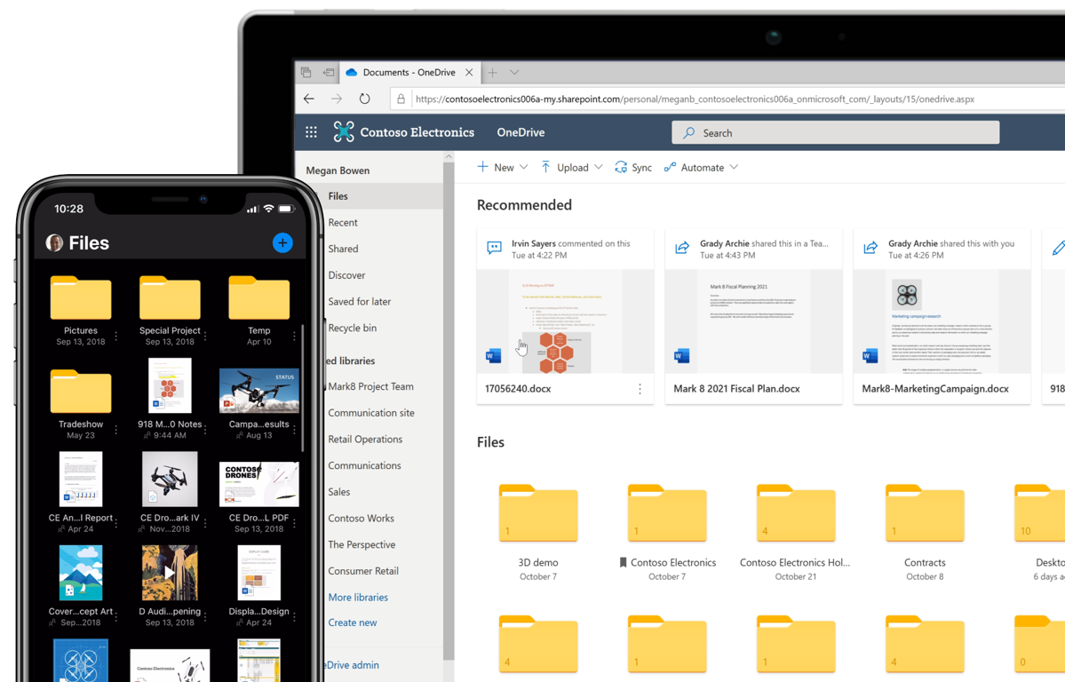 A tablet and phone show files in OneDrive