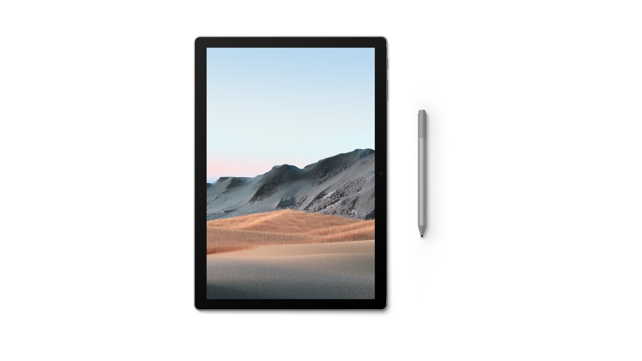 Un computer Surface Book 3 per le aziende disteso con lo schermo a vista e una penna.