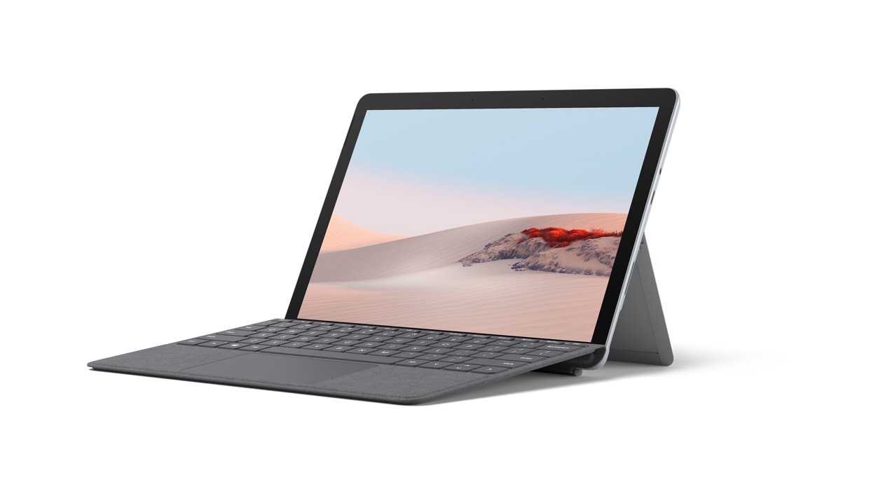  Surface Go 2 for Business and gray type cover propped up on kickstand