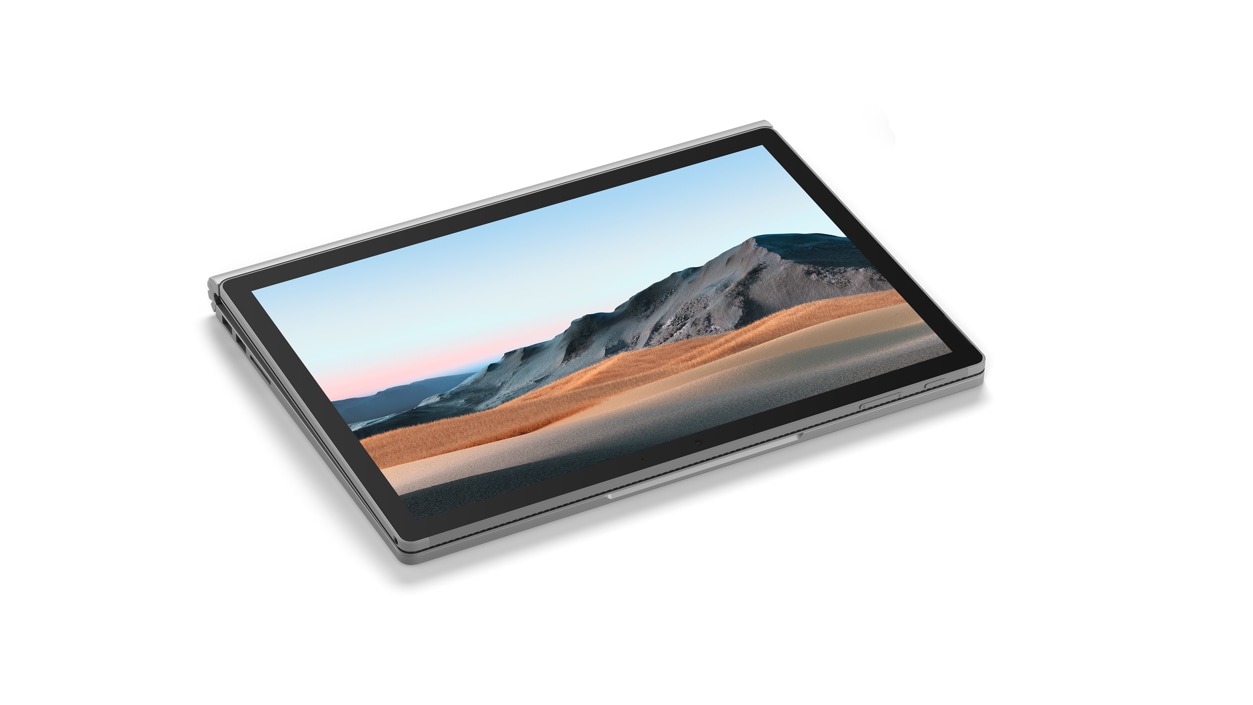 Un computer Surface Book 3 per le aziende disteso in modalità Tablet con lo schermo a vista.