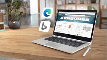 Компьютер с Windows и логотипы для Bing и Microsoft Edge