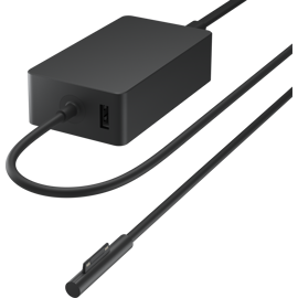 Angled view of the Microsoft Surface 127W Power Supply for business showing additional USB port. 