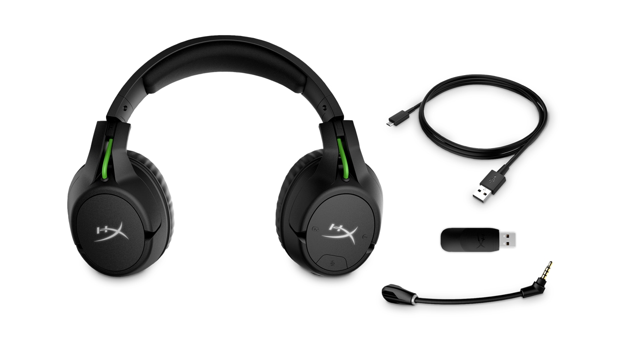 Front view of the Kingston HyperX CloudX Flight Wireless Gaming Headset and accessories