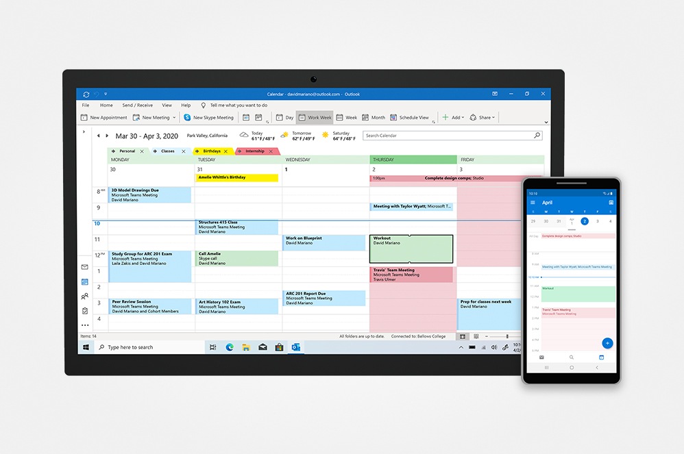 A smartphone and tablet screen displaying Microsoft Outlook calendar view.