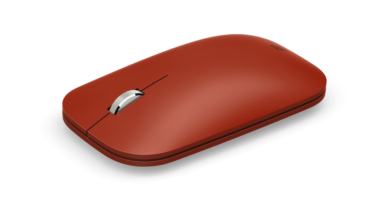 Angled view of Surface Mobile Mouse in Poppy Red.