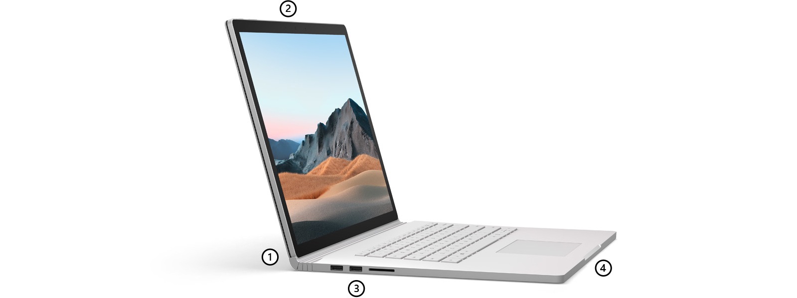 Surface Book 3 seen in profile with points highlighting the dynamic fulcrum hinge, microphones, ports, and the keyboard