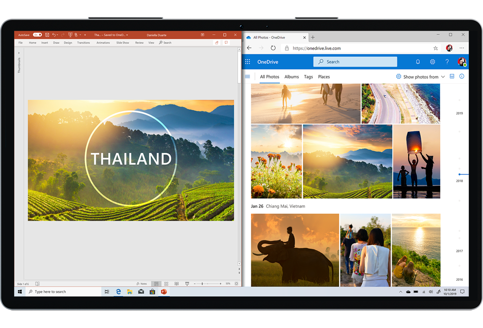 A display showing two side-by-side windows, one with a PowerPoint presentation on Thailand and one showing photos from Thailand in a OneDrive Pictures folder