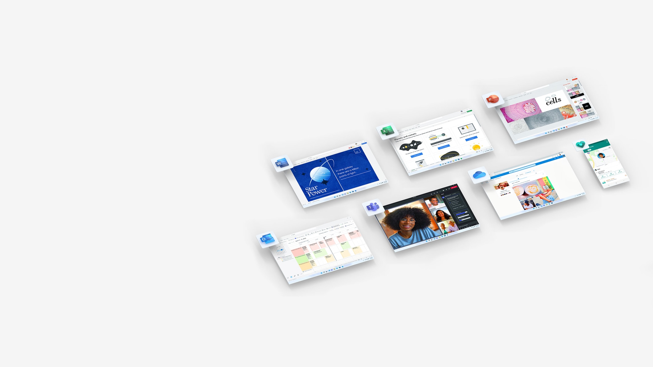 Zasloni prikazuju Microsoft OneDrive, Excel, Word, PowerPoint i Outlook. 