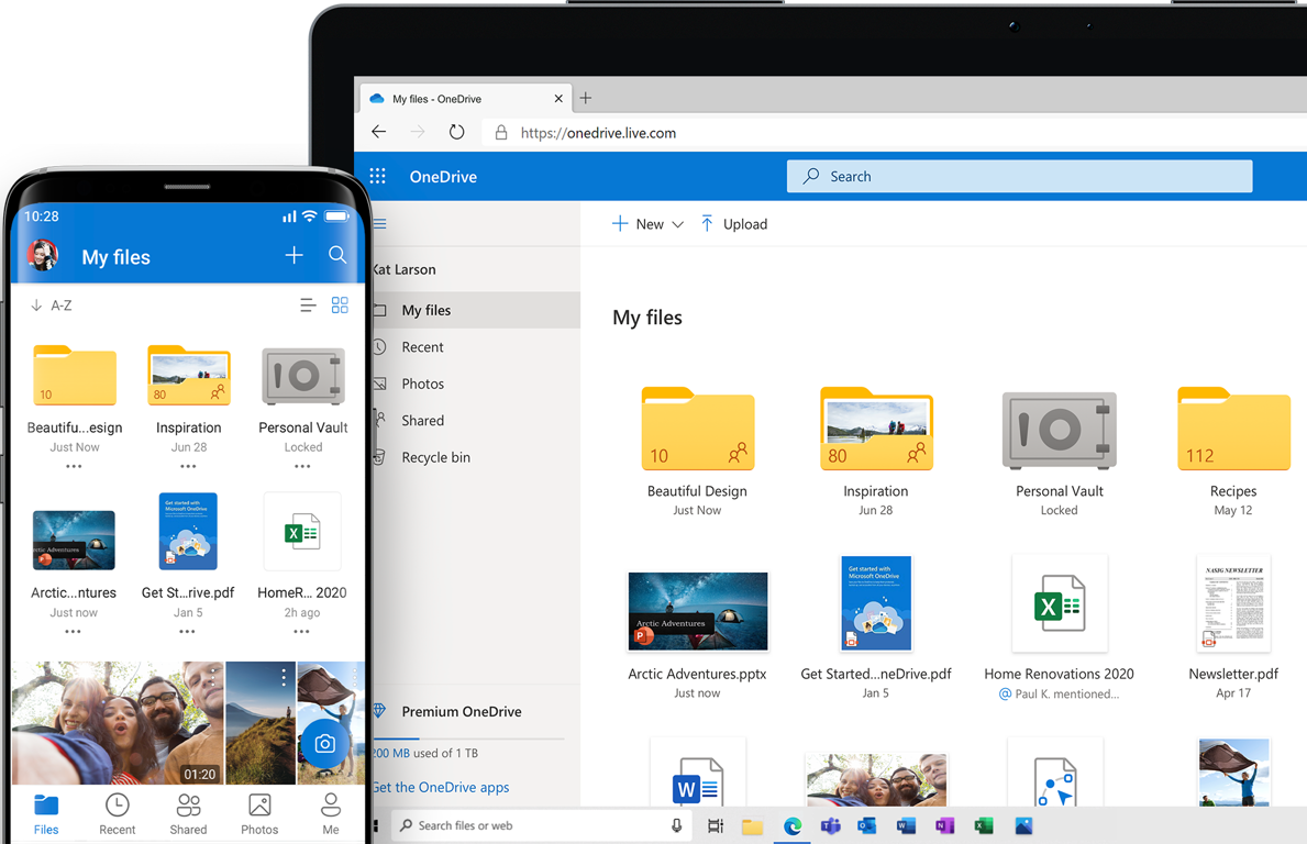 A mobile device and a tablet or laptop screen displaying folders and files in OneDrive