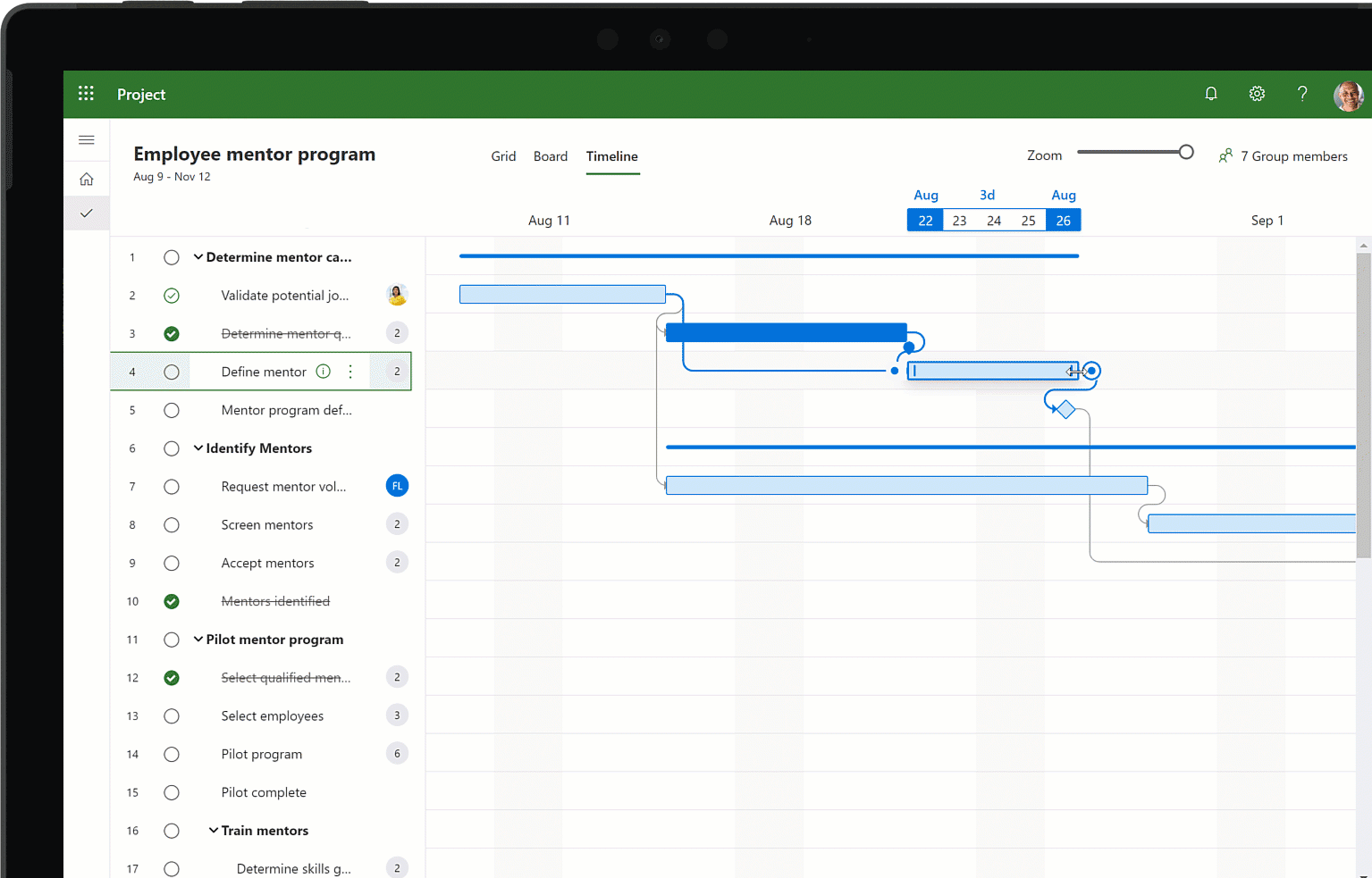 Tworzenie linii czasu w Microsoft Project - przykład zarządzania projektem.