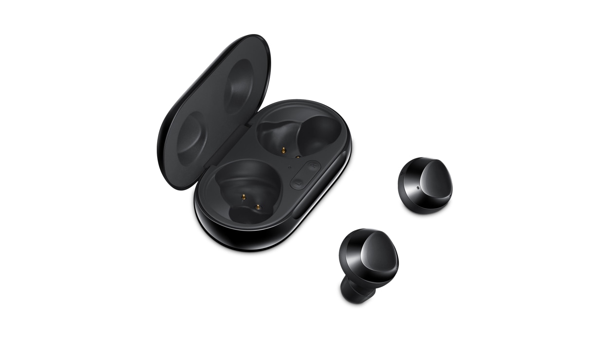 Front left view of the Samsung Galaxy Buds+ with case - Cosmic Black