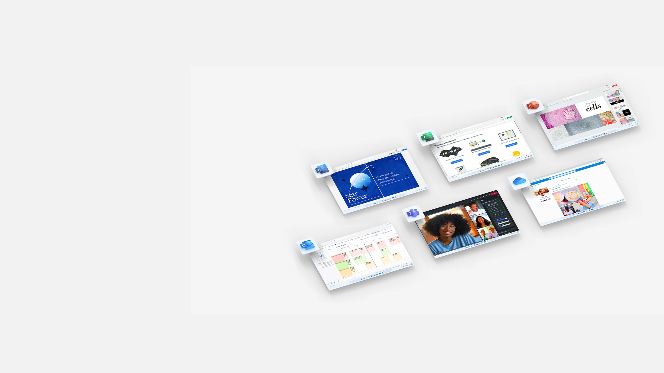 Telas mostrando o Microsoft OneDrive, Excel, Word, PowerPoint e Outlook.