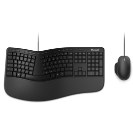 Un clavier Microsoft Ergonomic Keyboard et une souris Microsoft Ergonomic Mouse sur une table.