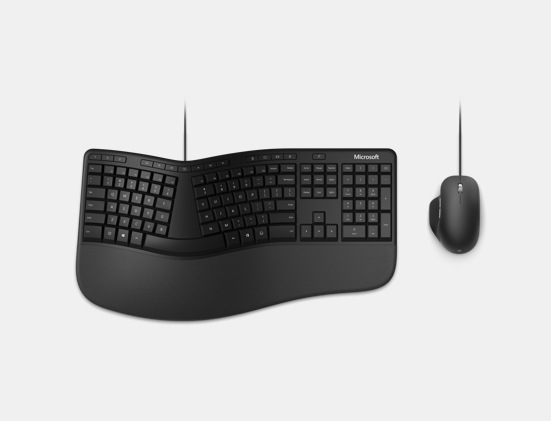 Top down view of Microsoft Ergonomic Desktop showing the ergonomic keyboard and mouse