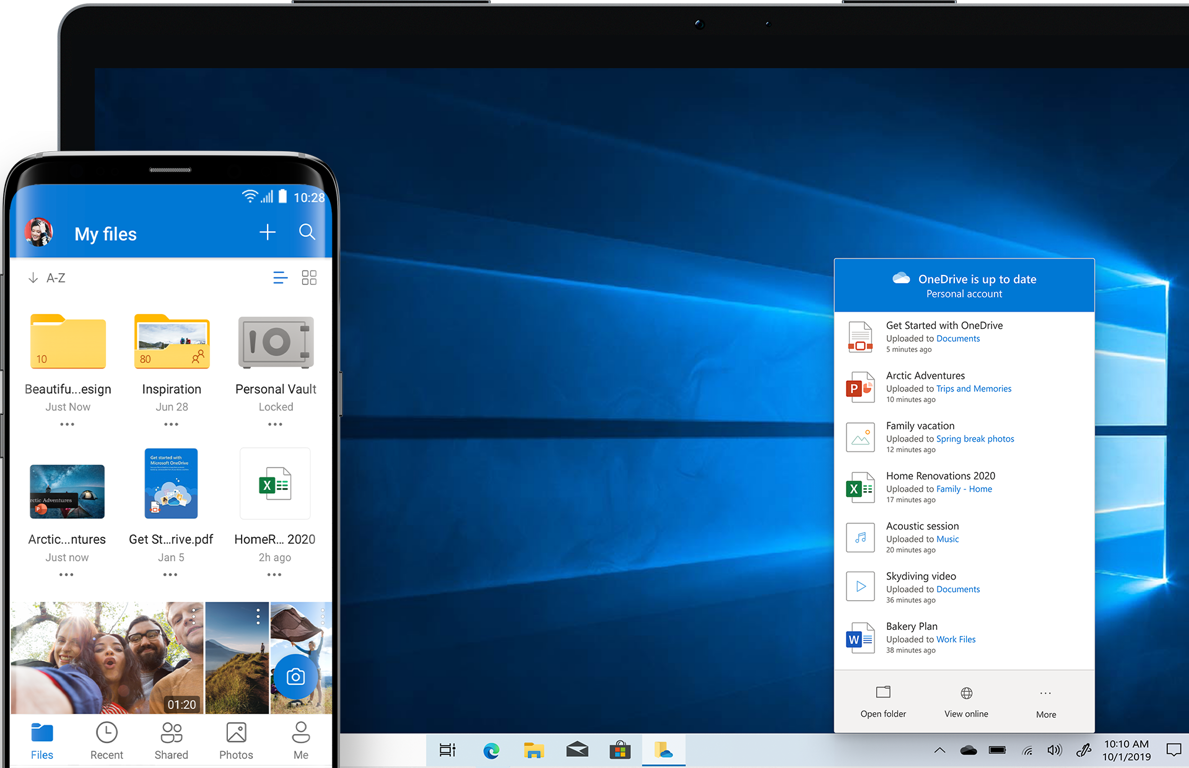 A phone screen displaying folders, files, and photos in the My Files view in OneDrive and a laptop screen displaying a list of recently uploaded files in the OneDrive.