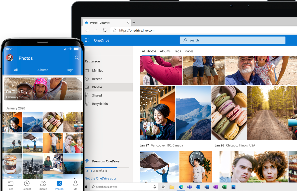 A mobile device and a tablet or laptop displaying folders and files in OneDrive