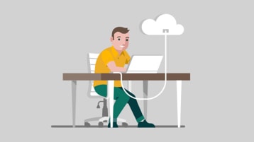 男人在連線到雲端的手提電腦上工作的插圖