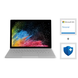 Surface Book 2, Microsoft 365 Personal logo, and Microsoft Complete for Surface Book Logo.
