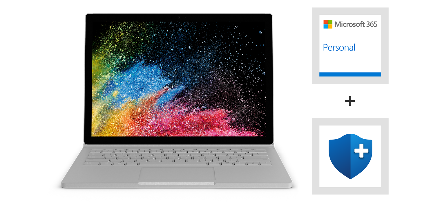 Surface Book 2, Microsoft 365 Personal logo, and Microsoft Complete for Surface Book Logo.
