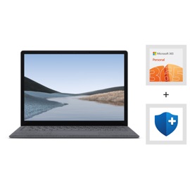 Surface Latop 3, Microsoft 365 Personal logo, and Microsoft Complete logo.