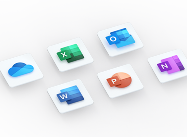 3D logos of various Office apps including OneDrive, Excel, Outlook, Word, PowerPoint, and OneNote