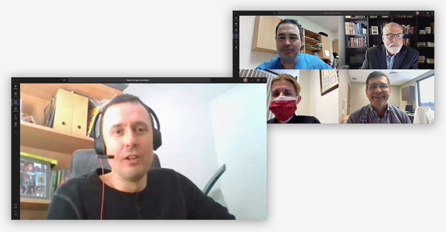 Still images from a video chat including employees from the Metropolitan Police Service, L'Oreal, Universita di Bologna, and St. Luke's Health talking about how they're using Microsoft Teams during these times.