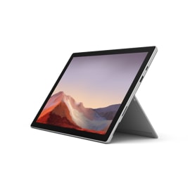  Surface Pro 7 in platina in laptopmodus met standaard.