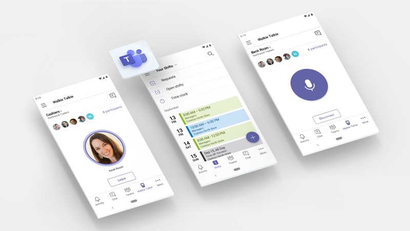 Three Microsoft Teams screens angled side by side displaying walkie talkie and shifts features.