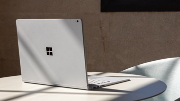 Rear view of Surface Book 3 on tabletop with lid open