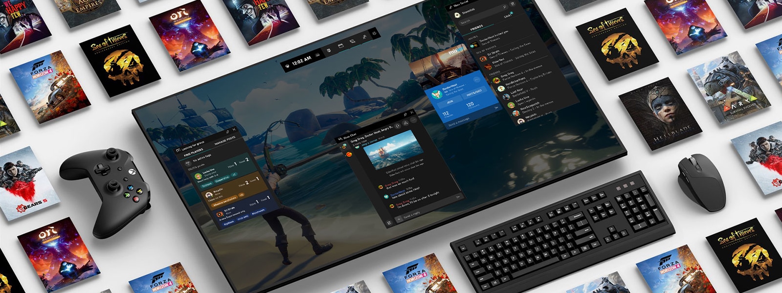 Viaceré herné tituly pre Windows 10 a Xbox na digitálnej obrazovke s klávesnicou, myšou a ovládačom 