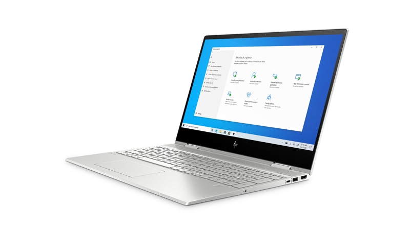 Front left-facing view of HP ENVY x360 dr1058ms with a security settings screen