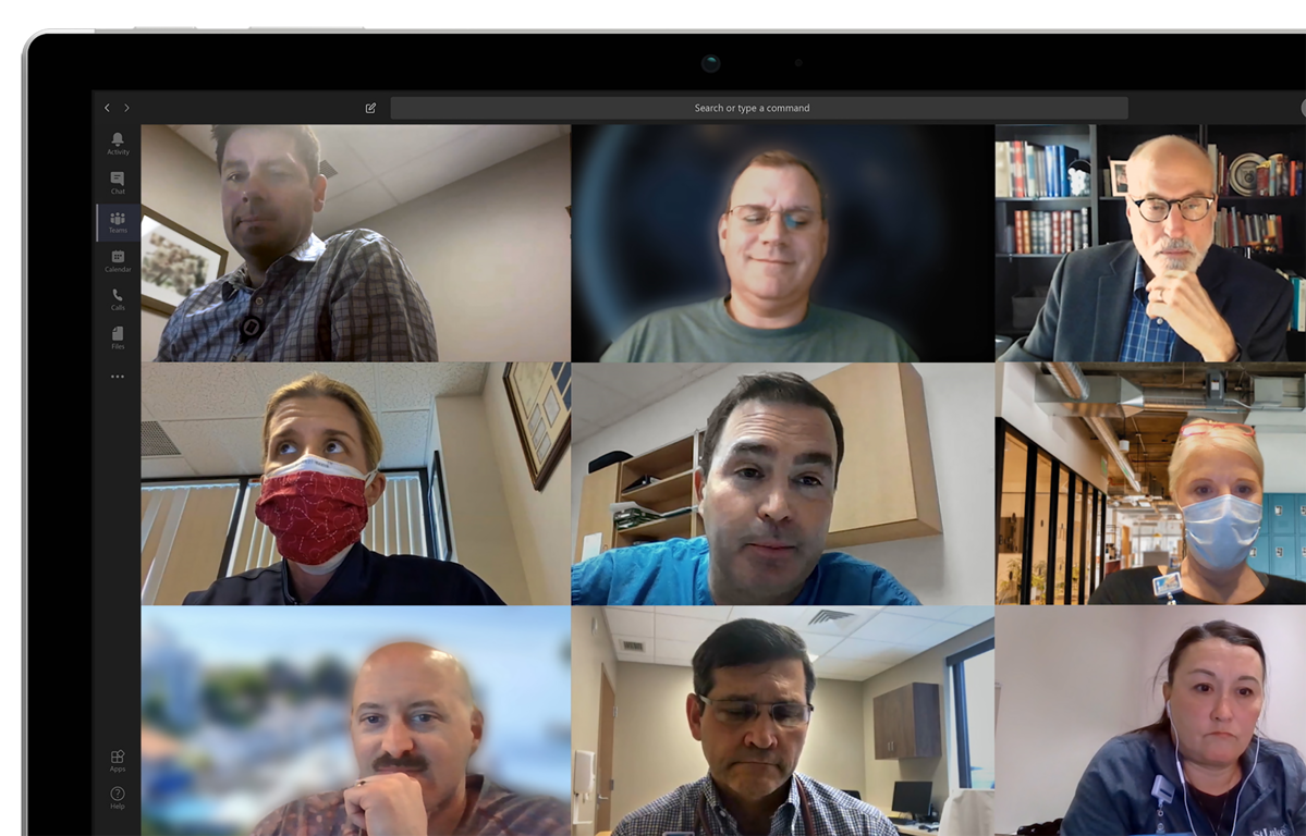Still image from video chat including nine people from St. Luke’s University Health Network. Some can be seen wearing a face mask.