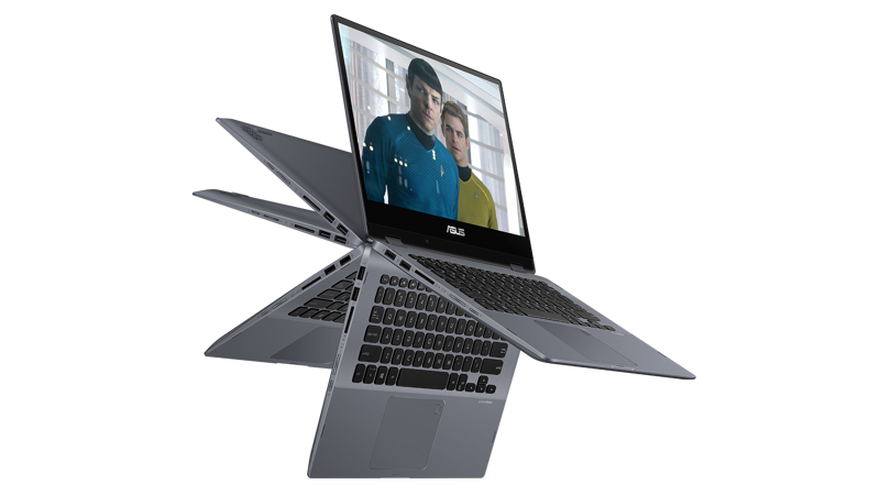 360 angle views of Asus Vivobook Flip floating in the air with movie screen
