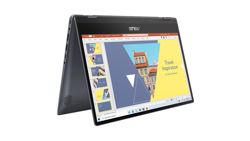 Front left view of Asus Vivobook Flip in tent mode with Powerpoint screen