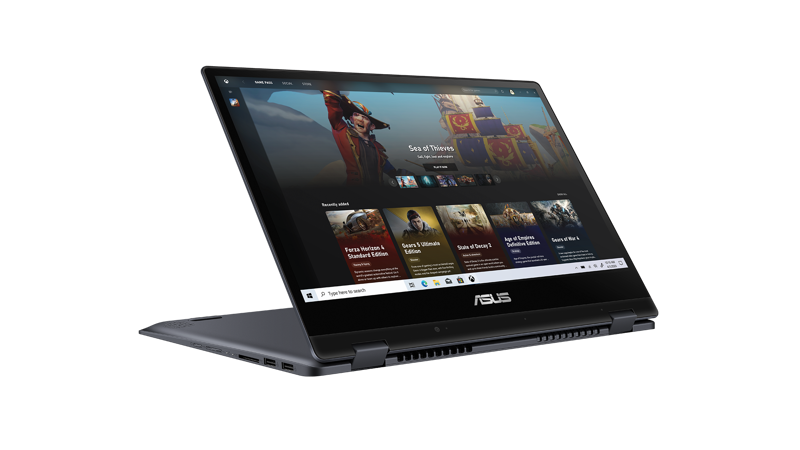 Front left view of Asus Vivobook Flip in display mode with Game Pass screen