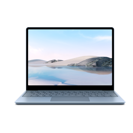Ein Surface Laptop Go in Eisblau steht offen vor einem weißen Hintergrund.