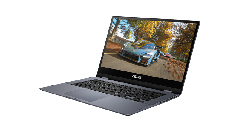 Front right view of Asus Vivobook Flip in laptop mode with game screen