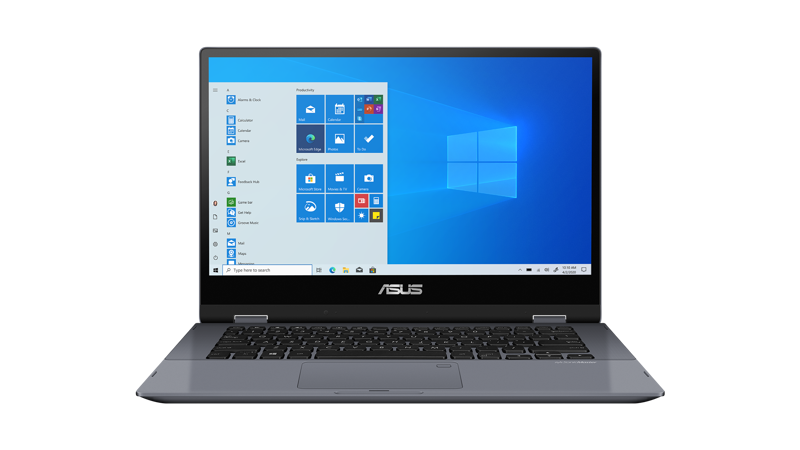 Front view of Asus Vivobook Flip in laptop mode with Windows screen