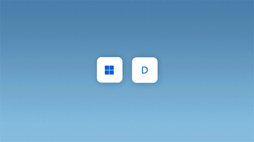 Animație care prezintă apăsarea pe tasta cu sigla Windows plus D pentru a minimiza toate ferestrele deschise