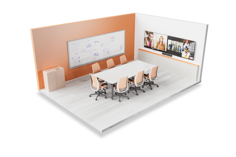 A meeting room with a table and 7 empty chairs. A screen is mounted on the wall, with remote participants displayed. The screen is pointed toward the table and chairs. The MeetingBar A20 has been installed above/below screen. A CTP18 touch panel is on the table, and can be used to contol the audio and visual settings for the meeting.