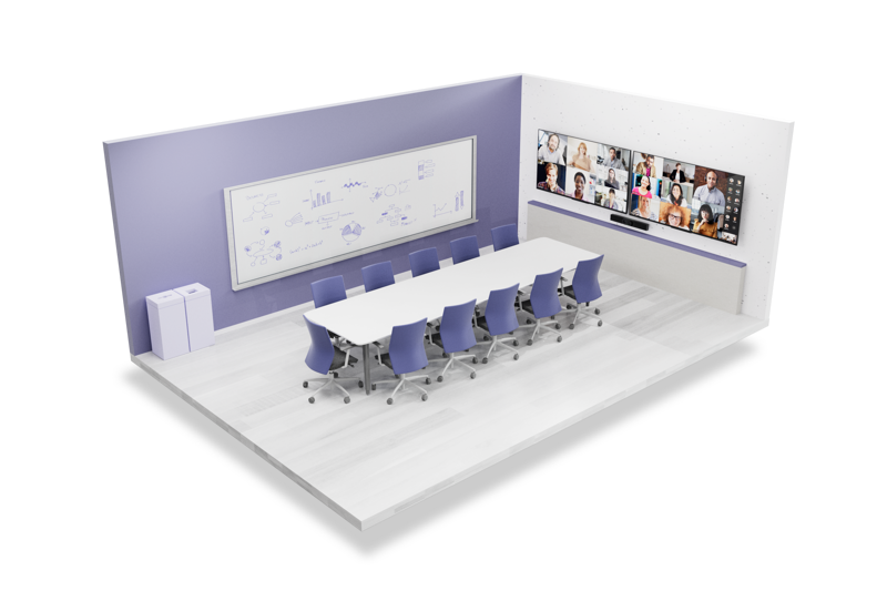 A meeting room with a table and 11 empty chairs. A screen is mounted on the wall, with remote participants displayed. The screen is pointed toward the table and chairs. The all-in-one MeetingBar A30 is located below the screen and pointed toward the table.