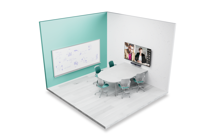 A meeting room with a table and 5 empty chairs. A screen is mounted on the wall, with remote participants displayed. The screen is pointed toward the table and chairs. The Poly Studio X50 all-in-one video bar is installed below the screen.