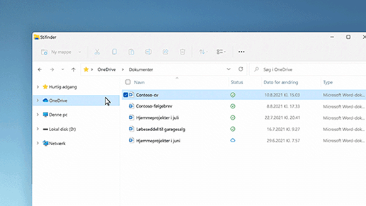 En fil i en OneDrive-mappe sparer plads ved at blive gemt i clouden og ikke lokalt