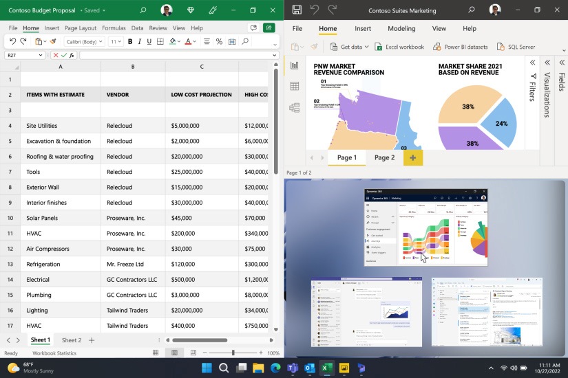 A snap layout featuring PowerPoint and Excel is observed on the screen of a Surface Laptop 5