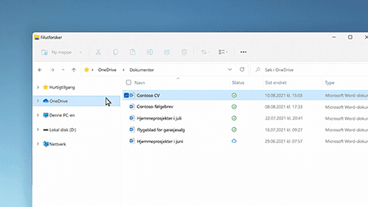 En fil i en OneDrive-mappen sparer plass ved at den lagres i skyen, og ikke lokalt